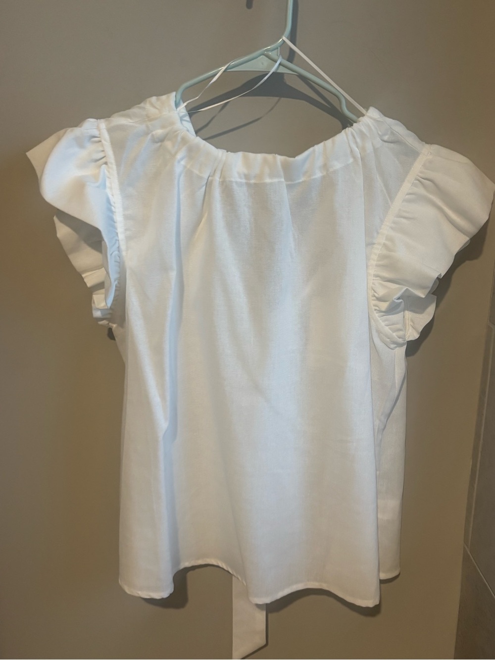 Heyson White Ruffle Sleeve Women's Linen Blend Blouse with Bow on Back
